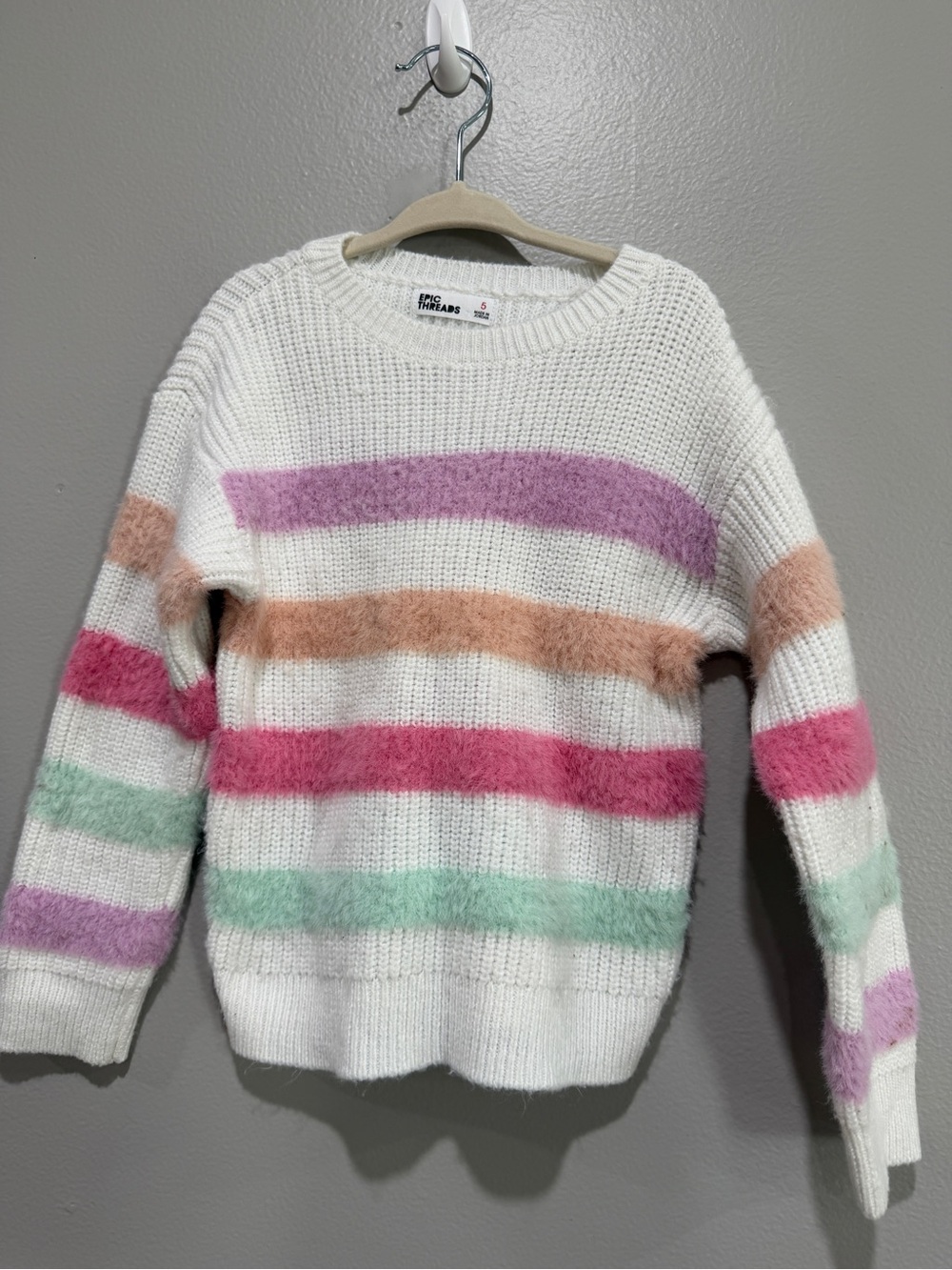 Pink & White Striped Fuzzy Crewneck Sweater size 5